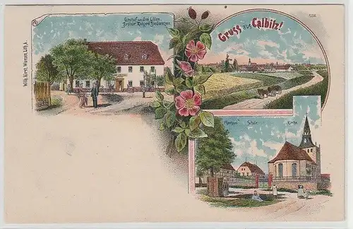 70114 Ak Lithografie Gruss aus Calbitz Gasthof zum drei Lilien usw. 1908