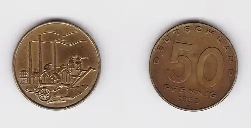 50 Pfennig Messing Münze DDR 1950 Pflug vor Industrielandschaft (124557)