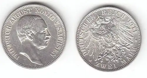 2 Mark Silber Münze Sachsen König Friedrich August 1911 E (114398)