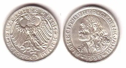 Silber Münze 3 Mark Albrecht Dürer 1928 D (MU4808)