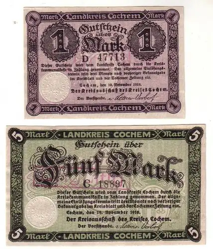 1 und 5 Mark Banknoten Notgeld Landkreis Cochem 19.11.1918 (112138)