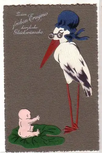 68346 Präge Glückwunsch Ak Storch mit Baby um 1910