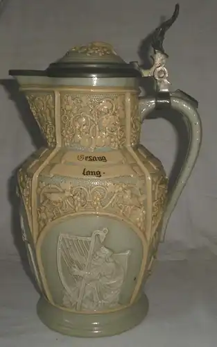 Alter Keramik Krug Wein-Weib-Gesang mit Deckel Villeroy & Boch Mettlach um 1920