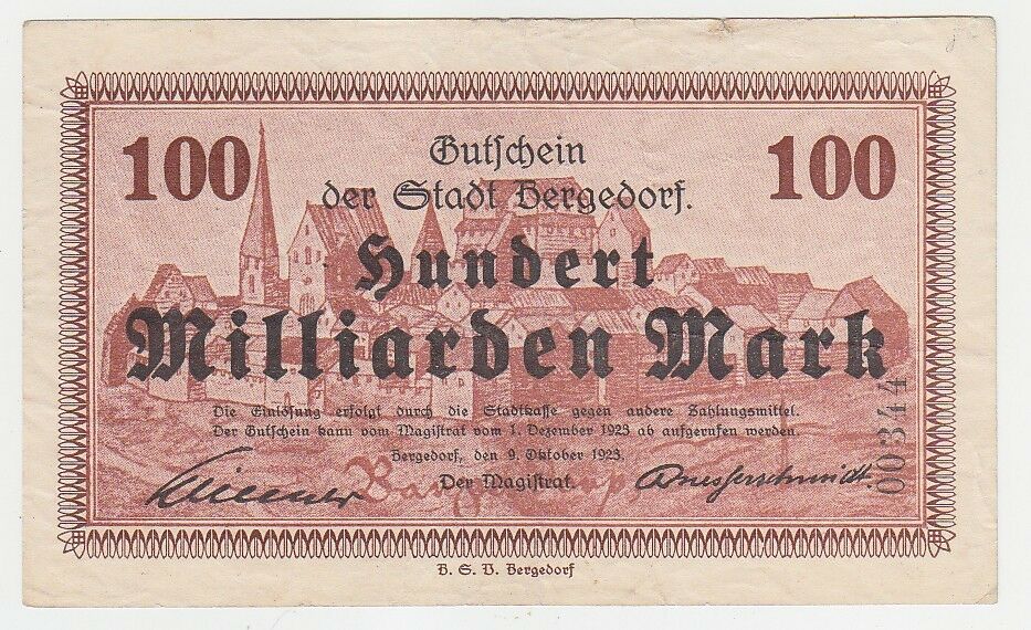 100 Milliarden Mark Banknoten Stadt Bergedorf 9.10.19123