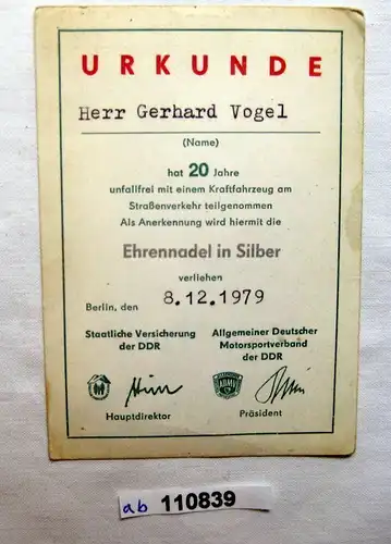 DDR Urkunde ADMV Ehrennadel in Silber für 20 Jahre unfallfreies Fahren (110839)