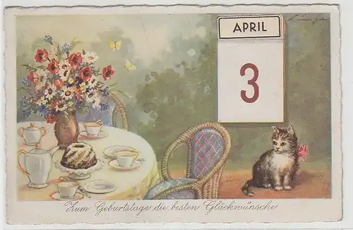 67911 Glückwunsch Ak Katze sitzt neben Kaffeetisch 1942