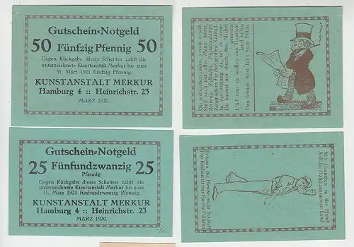 25 & 50 Pfennig Banknoten Notgeld Hamburg Kunstanstalt Merkur 1920 (116242)