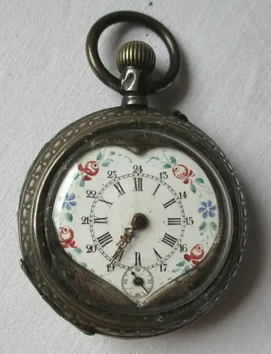 Elegante Jugendstil Taschenuhr mit handbemaltem Emaillezifferblatt Herz (104727)