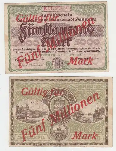 5 Millionen Mark Banknote Aushilfsschein Stadt Hamburg 1923 KN 6stellig (116122)