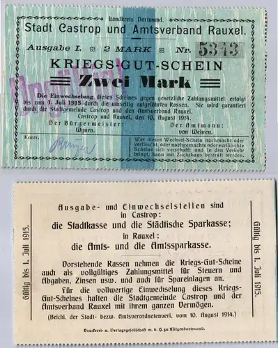 2 Mark 1914 Kriegs-Gut-Schein Stadt Castrop & Amstverband Rauxel (122176)