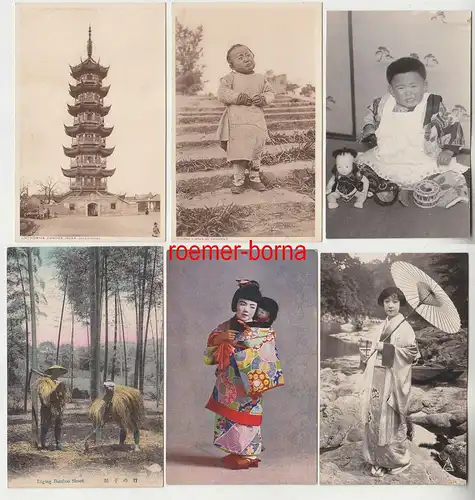 74182 / 6 Ak China, Japan Kinder, Pagode, Bambus ernten um 1930