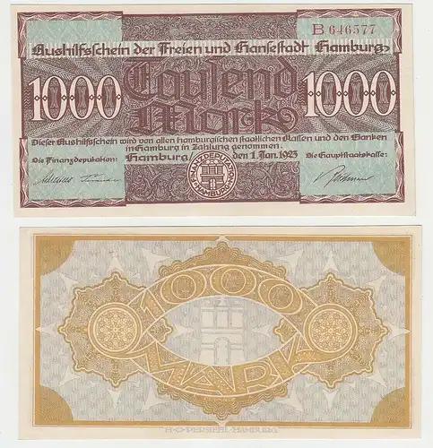 1000 Mark Banknote Aushilfsschein Stadt Hamburg 1.1.1923 Serie B (115848)