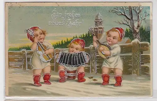 85565 Glückwunsch AK Ein frohes neues Jahr, Kinder spielen Instrumente 1921