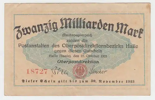 20 Milliarden Mark Banknote Oberpostdirektion Halle a. Saale 27.10.1923 (111897)