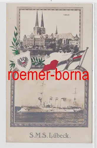84598 Ak Lübeck Dom und S.M.S. "Lübeck" mit Wappen und Flaggen um 1915