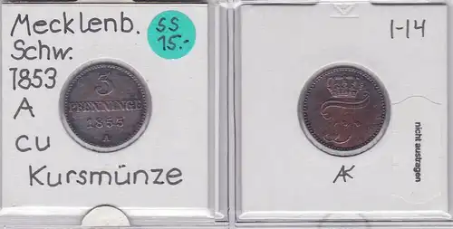 3 Pfennig Kupfer Münze Mecklenburg-Schwerin 1853 A (121820)