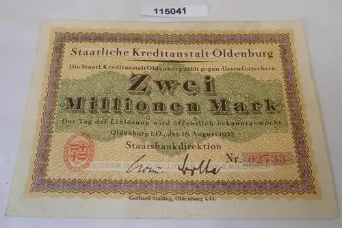 2 Millionen Mark Banknote Inflation Staatsbank Oldenburg 16.8.1923 (115041)