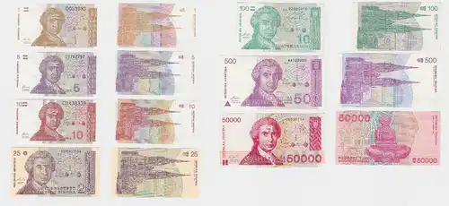 7 Banknoten Kroatien 1 bis 50000 Dinar 1991-1993 (118652)