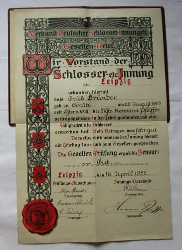 Alter Gesellenbrief Leipzig 1922 Verband dt. Schlosser Innungen Zeugnis (123330)