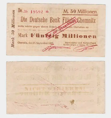 50 Millionen Mark Banknote Deutsche Bank Filiale Chemnitz 25.9.1923  (118725)