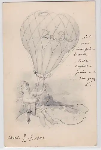 81716  Ak Engel mit Pfeil und Bogen fliegt mit Fesselballon 1903