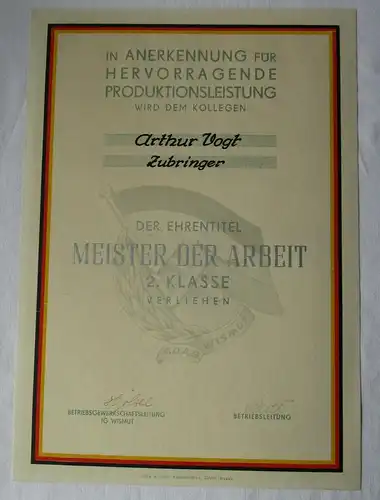 DDR Urkunde Meister der Arbeit 2. Klasse SDAG Wismut Zubringer (135350)