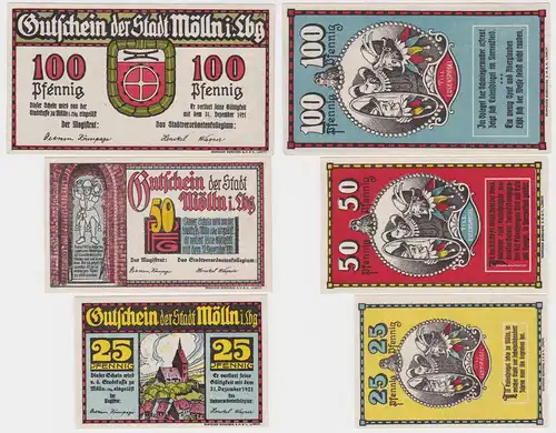 3 Banknoten Notgeld Stadt Mölln in Lbg. ohne Datum (1921)  (114360)