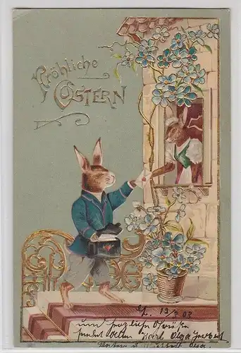 76052 Fröhliche Ostern Präge Ak Hase als Briefträger übergibt Brief 1903