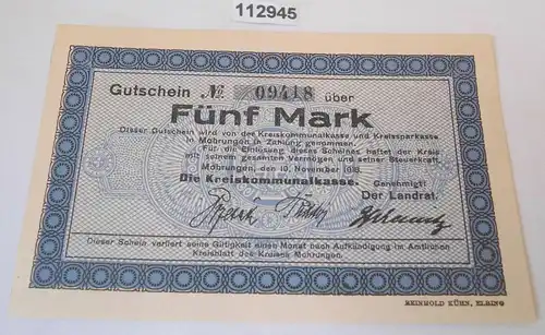 5 Mark Banknote Notgeld Kreis Mohrungen Morąg 10.November 1918 (125362)