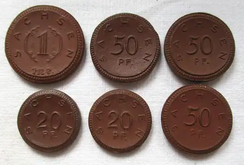 Satz Porzellan Notgeld Münzen 20 Pfennig - 1 Mark Sachsen 1921 (114087)