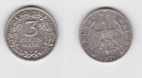 3 Mark Silber Münze Weimarer Republik Kursmünze 1931 J Jäger 349 (135208)