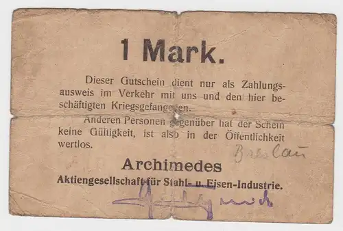 1 Mark Banknote Notgeld Archimedes AG für Stahl- & Eisen Industrie 1.WK (130205)