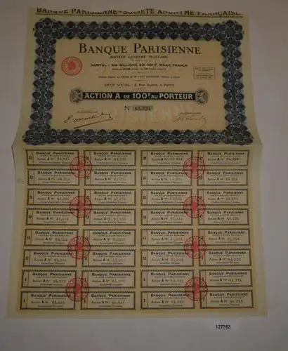 100 Francs Aktie Banque Parisienne Société Anonyme Française 1933 (127763)