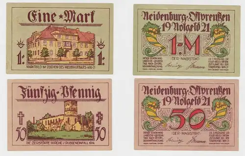 2 Banknoten Notgeld Stadt Neidenburg Ostpreussen 1921 fast kassenfrisch (135076)