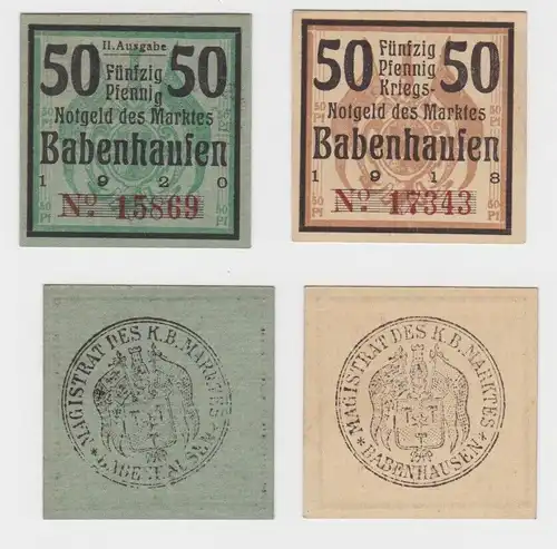 2 x 50 Pfennig Banknote Notgeld Markt Babenhausen 1918 (132458)