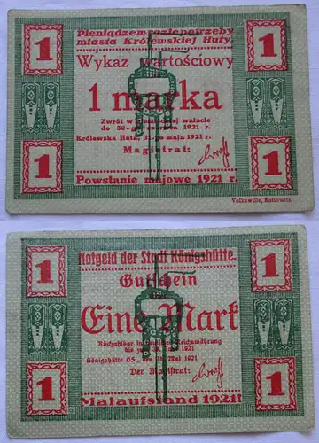 1 Mark Banknote Notgeld Stadt Königshütte Chorzów 1921 (108521)