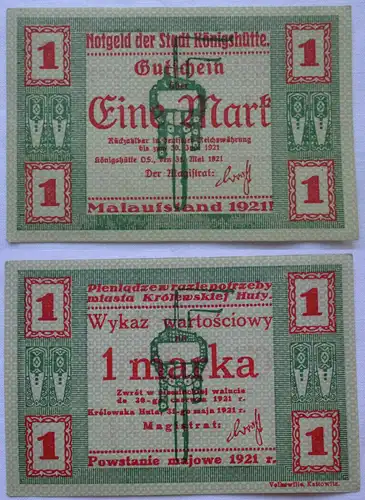 1 Mark Banknote Notgeld Stadt Königshütte Chorzów 1921 (101169)