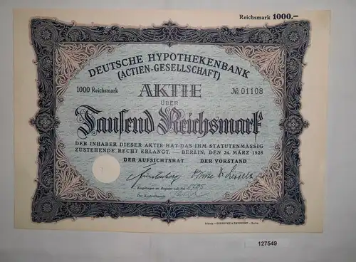 1000 Mark Aktie Deutsche Hypothekenbank Berlin 24.März 1928 (127549)