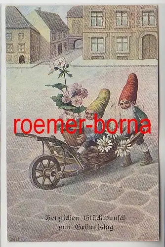82795 Geburtstags Ak 2 Zwerge bringen Blumen mit Schubkarre 1918