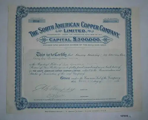 200 Aktien à 2 Shillings The South American Copper Company 29.Juni 1928 (127516)