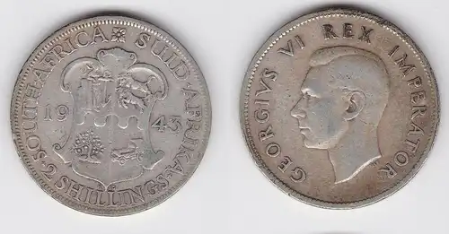 2 Schilling Silber Münze Südafrika Georg VI, Wappen 1943 (114402)