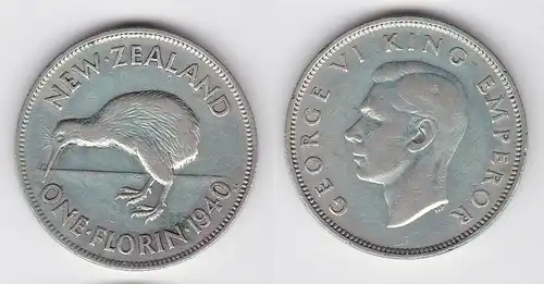 1 Florin Silber Münze Neuseeland Kiwi, George VI. 1940 (119856)