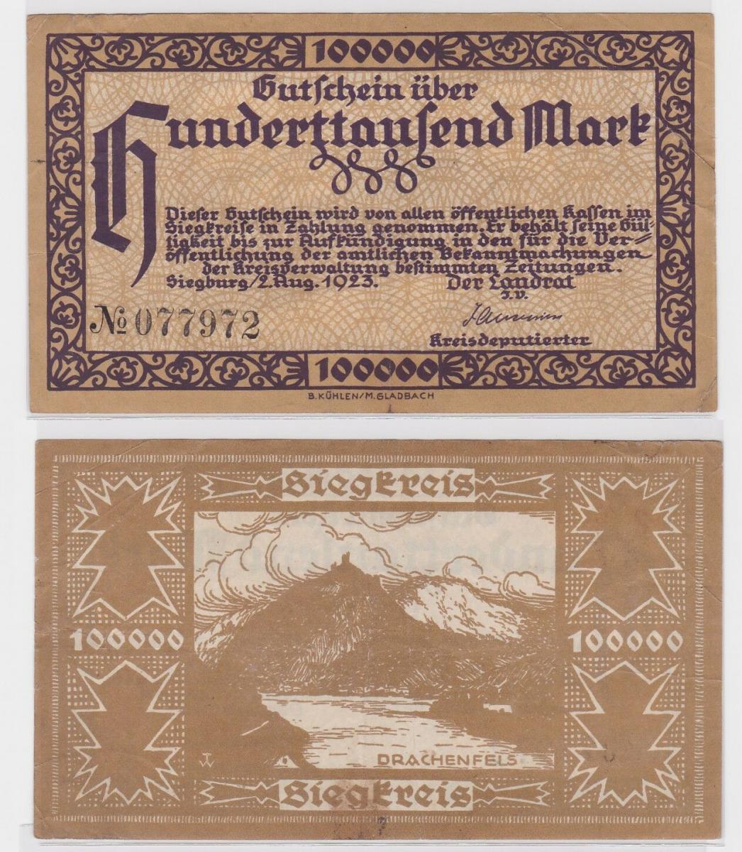 500000 Mark Banknote Stadt Siegburg 2.8.1923 (121536) Nr