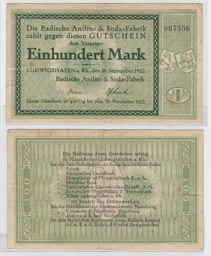 100 Mark Banknote Ludwigshafen Badische Anilin & Soda Fabrik 20.09.1922 (122269)