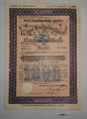 1000 Goldmark Goldpfandbrief der Landeskreditkasse Kassel 26. Feb. 1931 (127869)