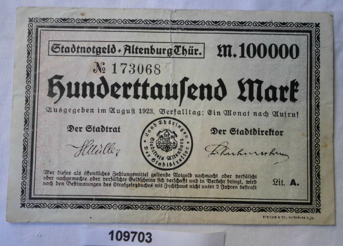 Banknote Inflation 100000 Mark Stadt Altenburg in