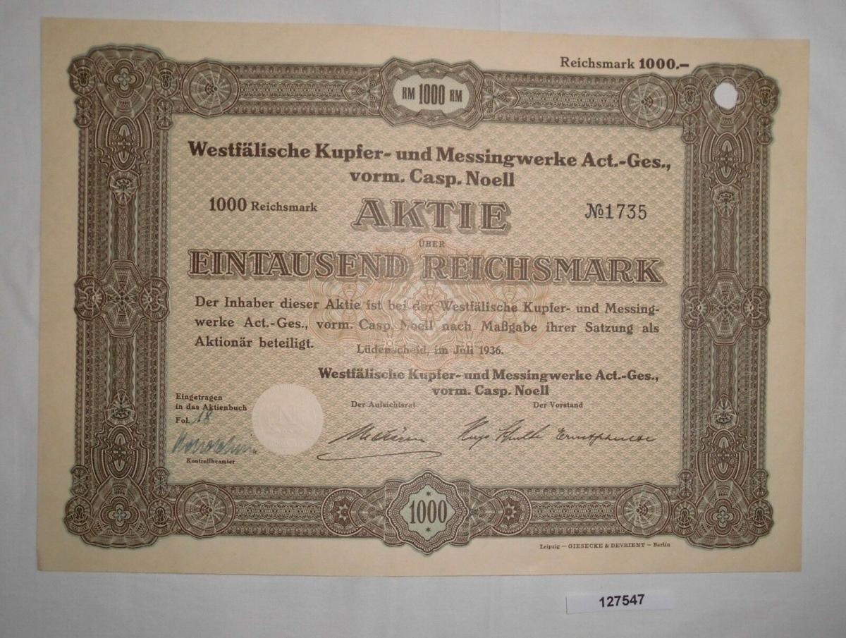 1000 Reichsmark Aktie Westfalische Kupfer Messingwerke Ag Juli 1936 Nr Oldthing Wertpapiere Deutschland Sonstige