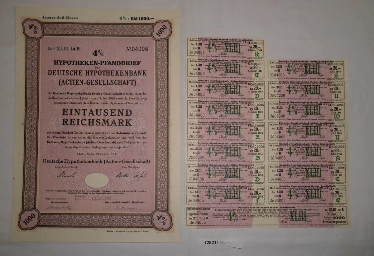 1000 Reichsmark Pfandbrief Deutsche Hypothekenbank Ag Berlin 1942 1211 Nr Oldthing Wertpapiere Banken Versicherungen