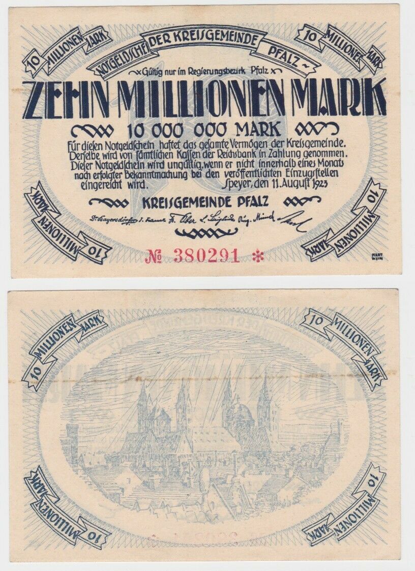 10 Millionen Mark Banknote Notgeld Kreisgemeinde Pfalz