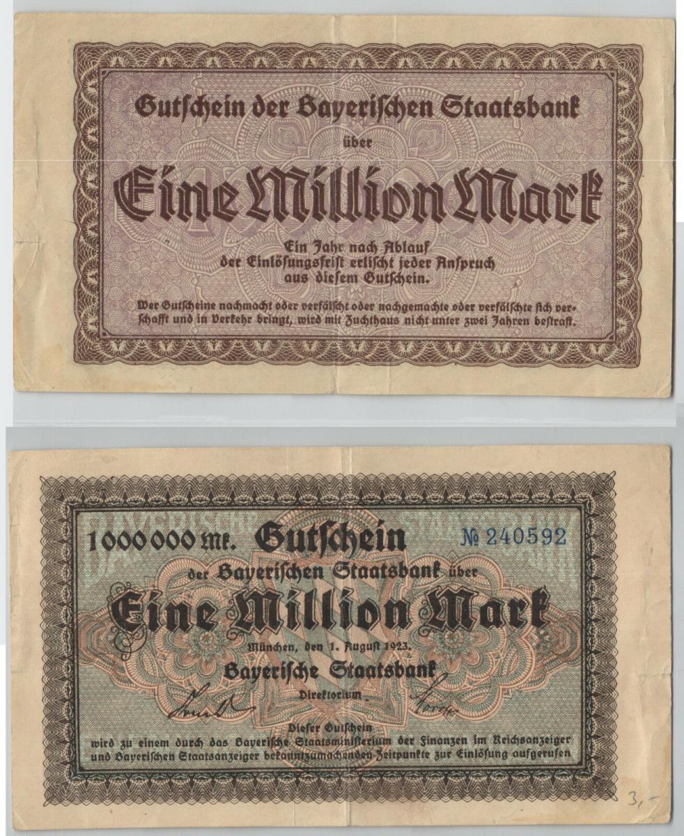 1923 GERMANY BAYERISCHE STAATSBANK MUNCHEN 10 MILLIONEN MARK 1.8 UNC com